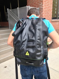 The bag from the back showing the double snap closures.
